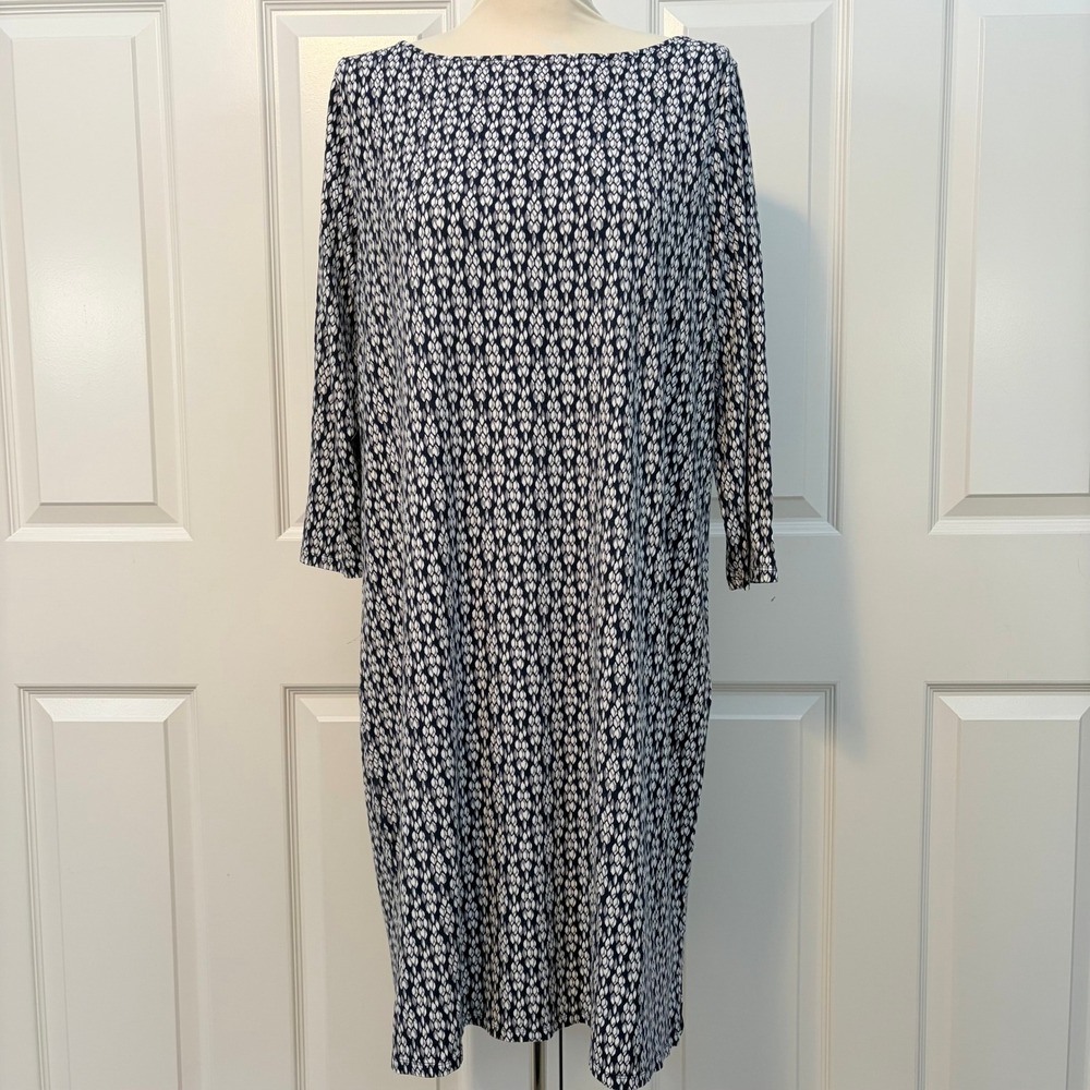 J.Jill Navy Blue White Geometric Print Jersey Knit Shift Dress Womens Large